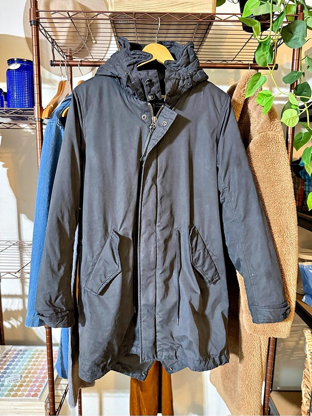 Maison Scotch Plaid Lined Hooded Utility Jacket in Black
